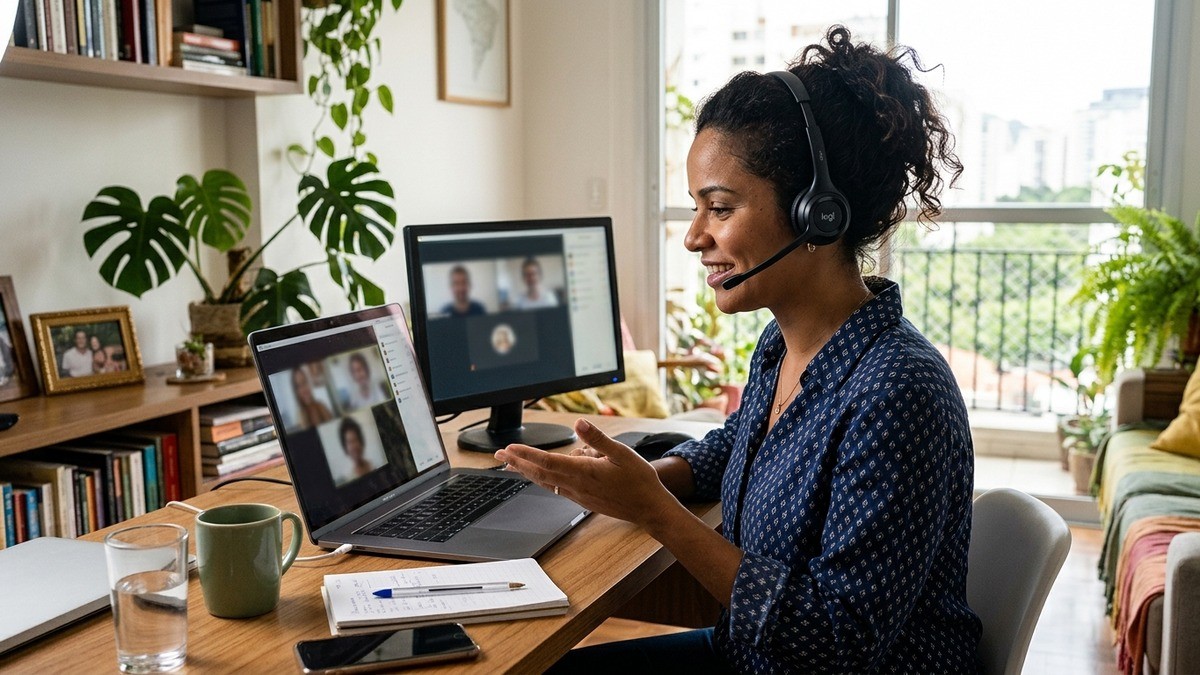 Mulher com headset sorri e gesticula durante videochamada no notebook em casa.