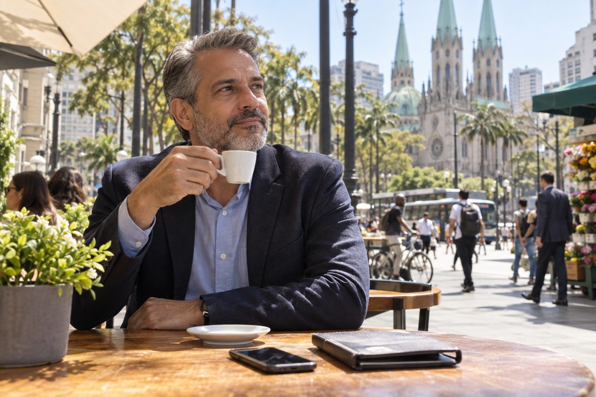 Homem grisalho de paletó toma café em mesa ao ar livre com catedral ao fundo.