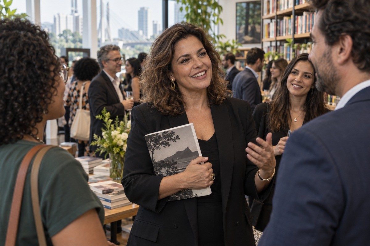 Mulher de blazer segura um livro e conversa sorrindo com pessoas em uma livraria.