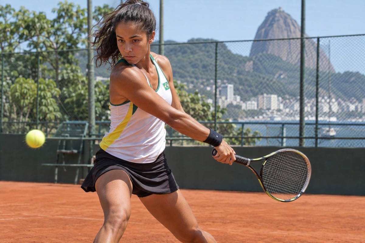 Tenista rebate bola em quadra de saibro com o Pão de Açúcar ao fundo.