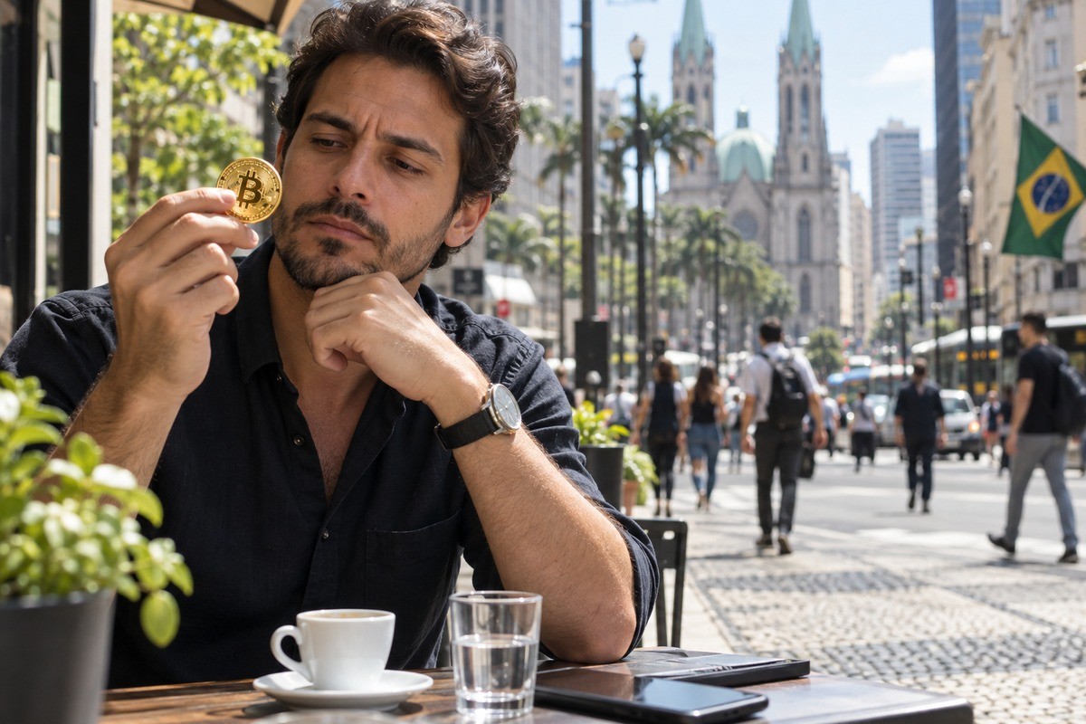 Homem observa moeda de bitcoin em mesa de café perto da Catedral da Sé.