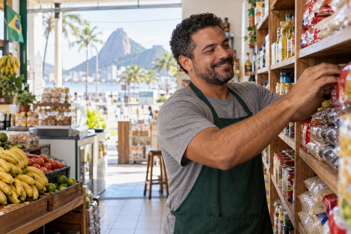 Homem usando avental organiza prateleira de mercearia com o Pão de Açúcar ao fundo.