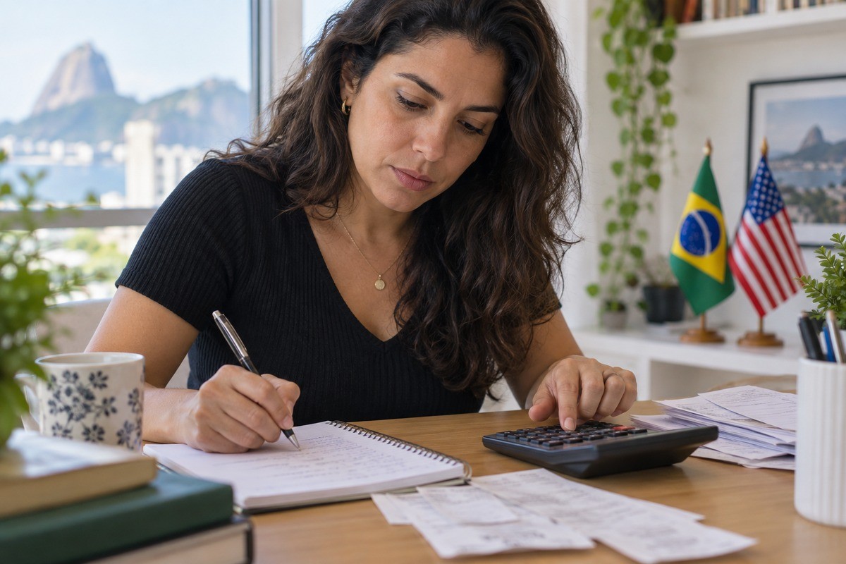 Mulher escreve em caderno e usa calculadora sobre mesa com papéis e bandeiras.
