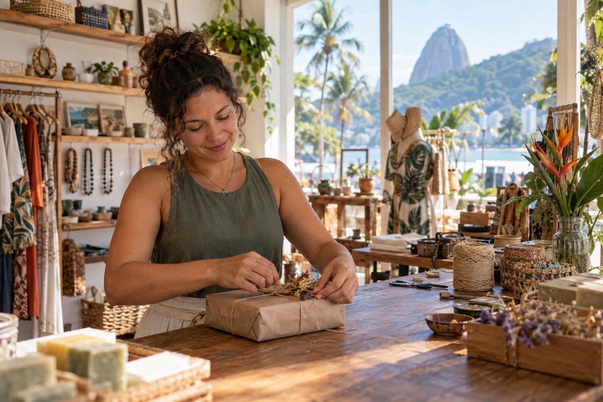 Mulher amarra pacote em balcão de madeira com o Pão de Açúcar ao fundo.