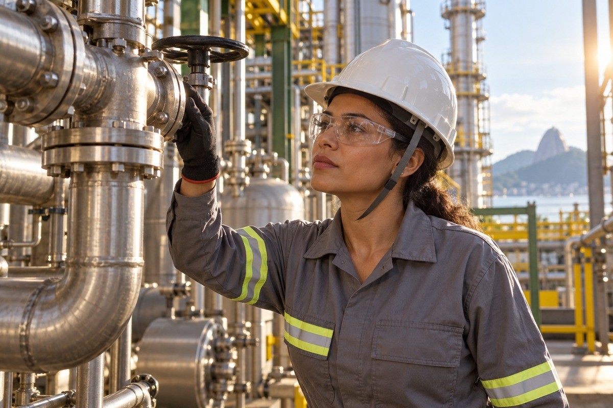 Trabalhadora de capacete de segurança ajusta válvula em tubulação de refinaria industrial.