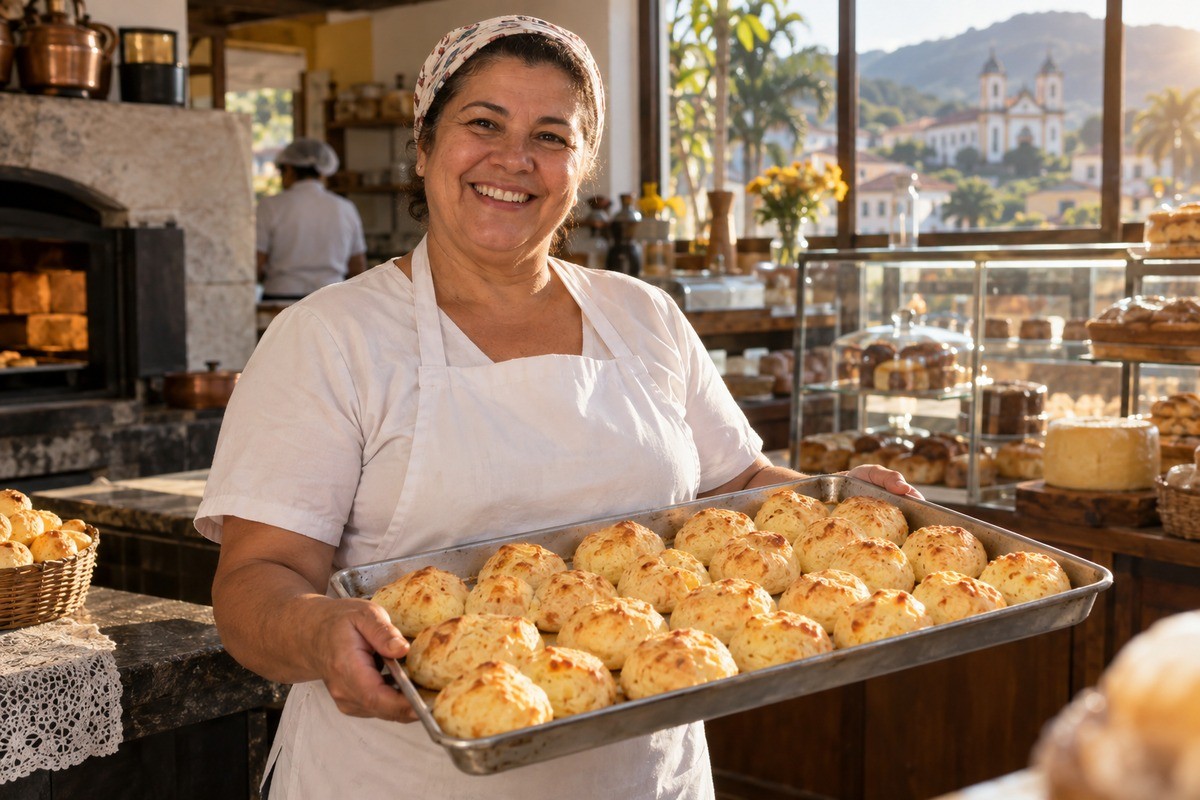 Mulher usando avental segura bandeja cheia de pães de queijo em uma padaria.
