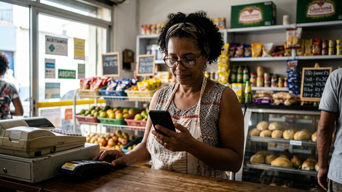 Mulher de óculos e avental usa o celular atrás do balcão de uma mercearia.