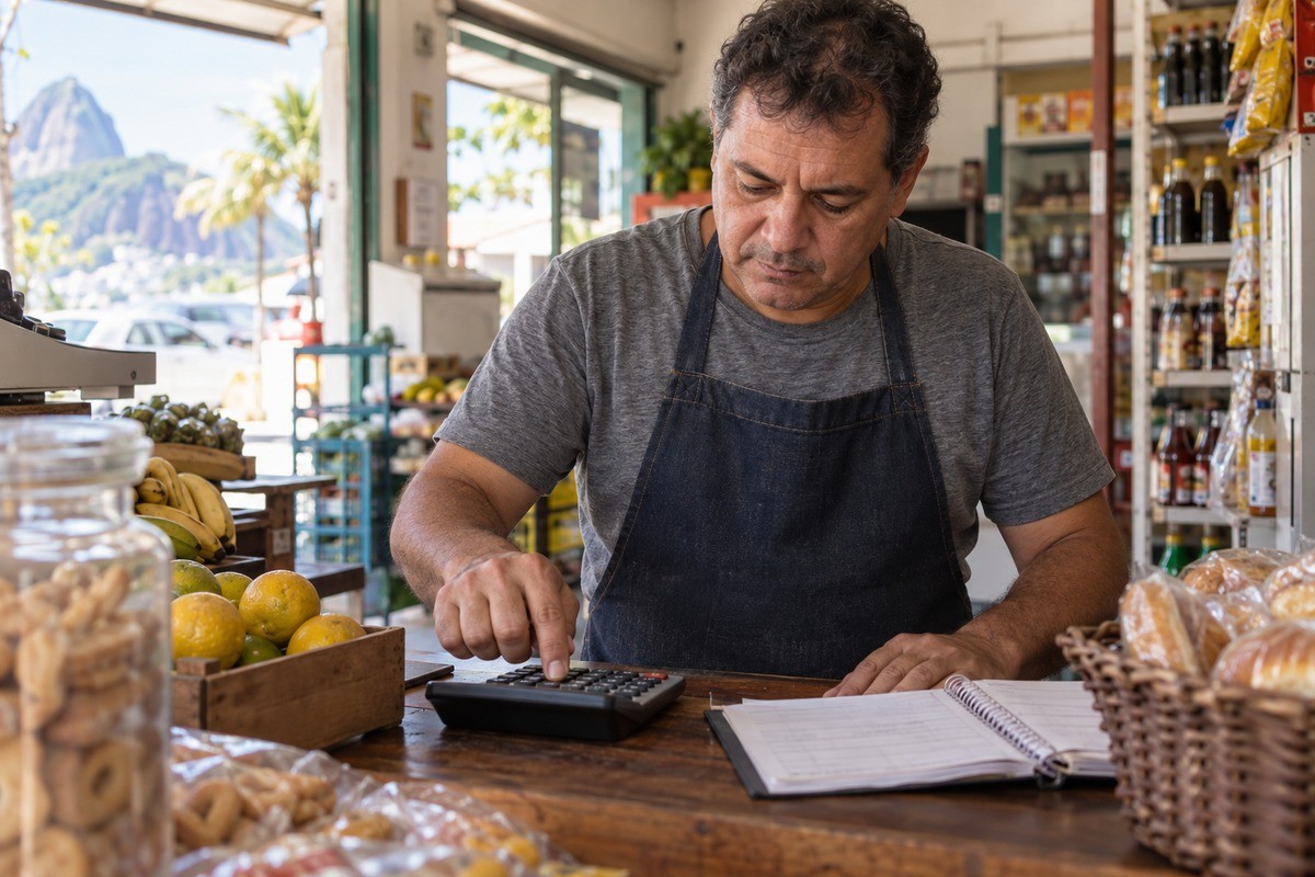 Comerciante de avental usa calculadora e caderno no balcão de uma mercearia.