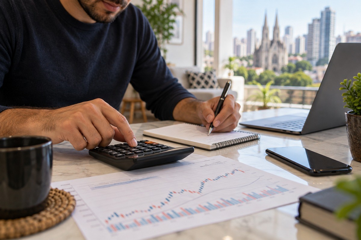 Homem usa calculadora e anota em caderno sobre mesa com gráficos e notebook.