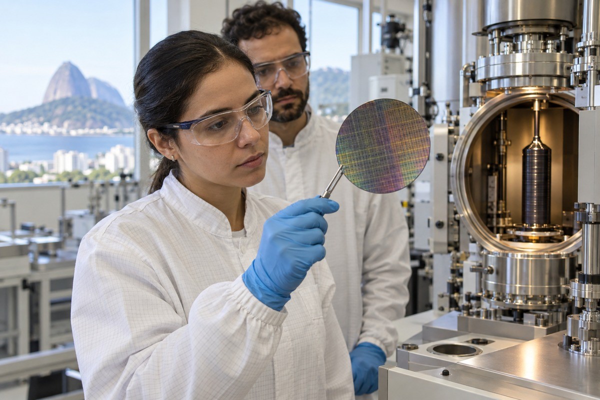 Pesquisadora examina wafer de silício com colega em laboratório com vista do Pão de Açúcar.