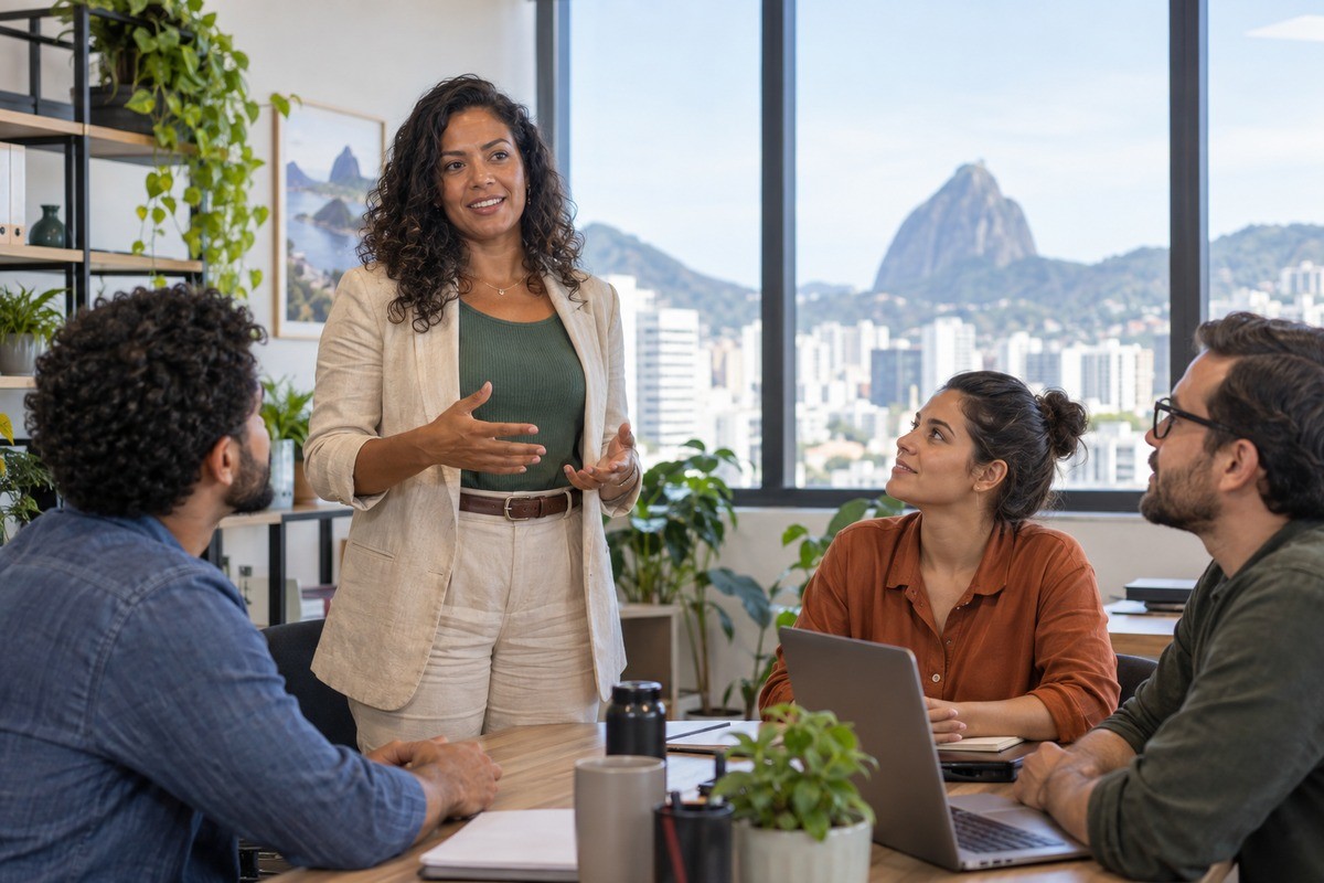 Mulher em pé gesticula enquanto fala com três colegas em mesa de escritório no Rio.