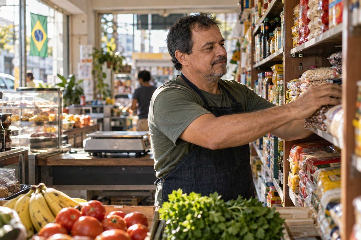 Comerciante de avental organiza produtos embalados na prateleira de uma mercearia.