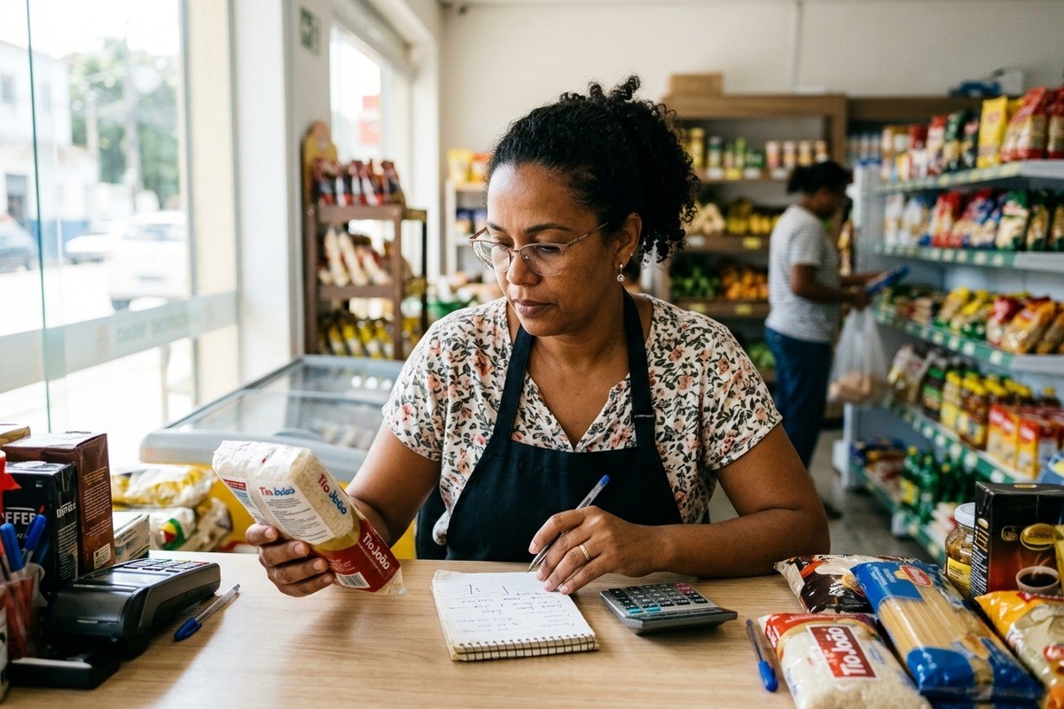 Mulher usando avental segura pacote de arroz e anota em caderno no balcão de mercearia.