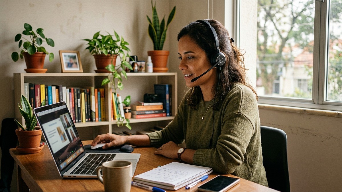Mulher usando headset participa de videochamada no notebook em sua mesa de trabalho