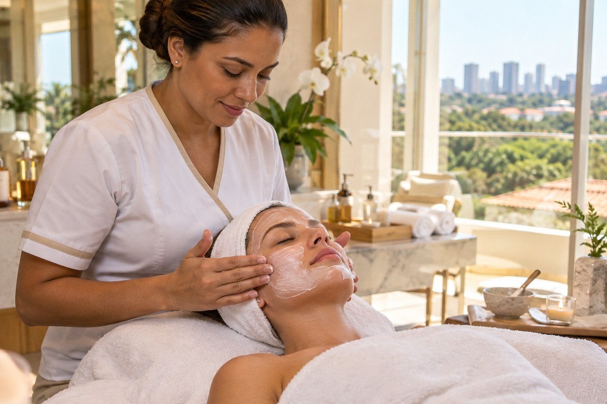 Esteticista aplica creme facial no rosto de mulher deitada em sala de spa