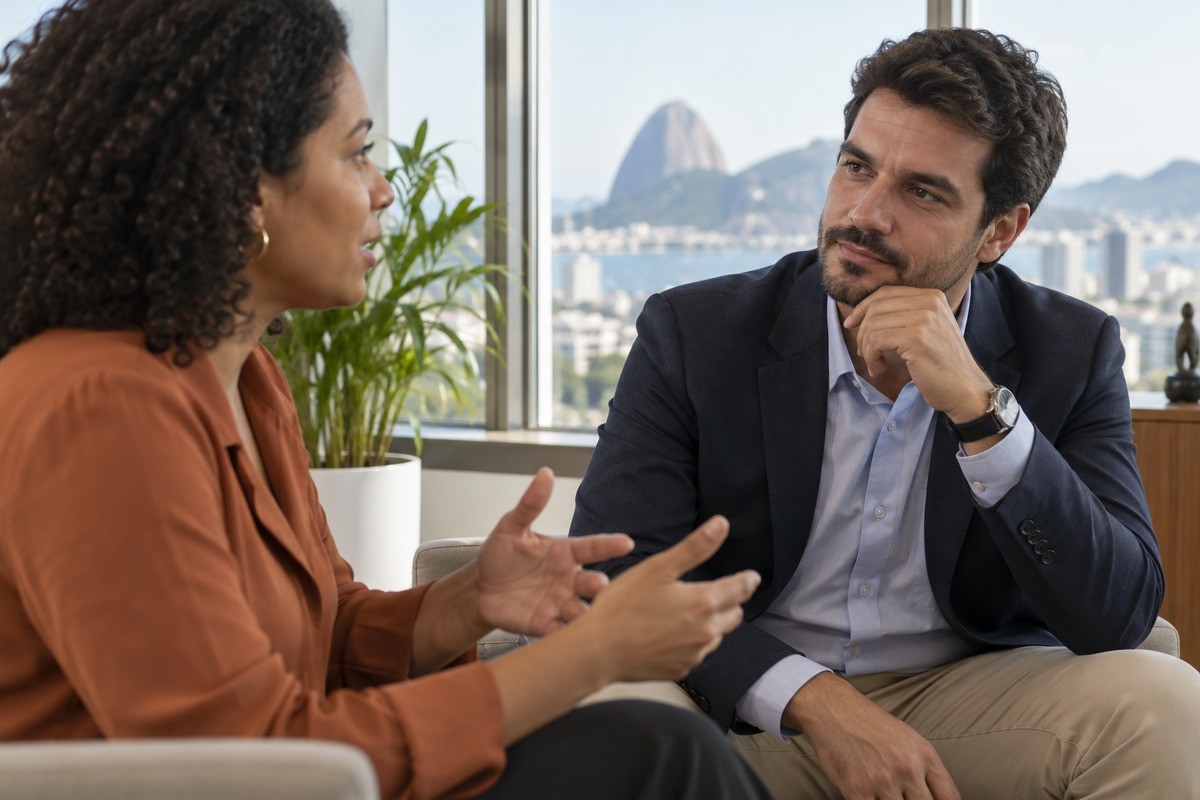 Mulher gesticula enquanto conversa com homem em escritório com vista para o Pão de Açúcar.