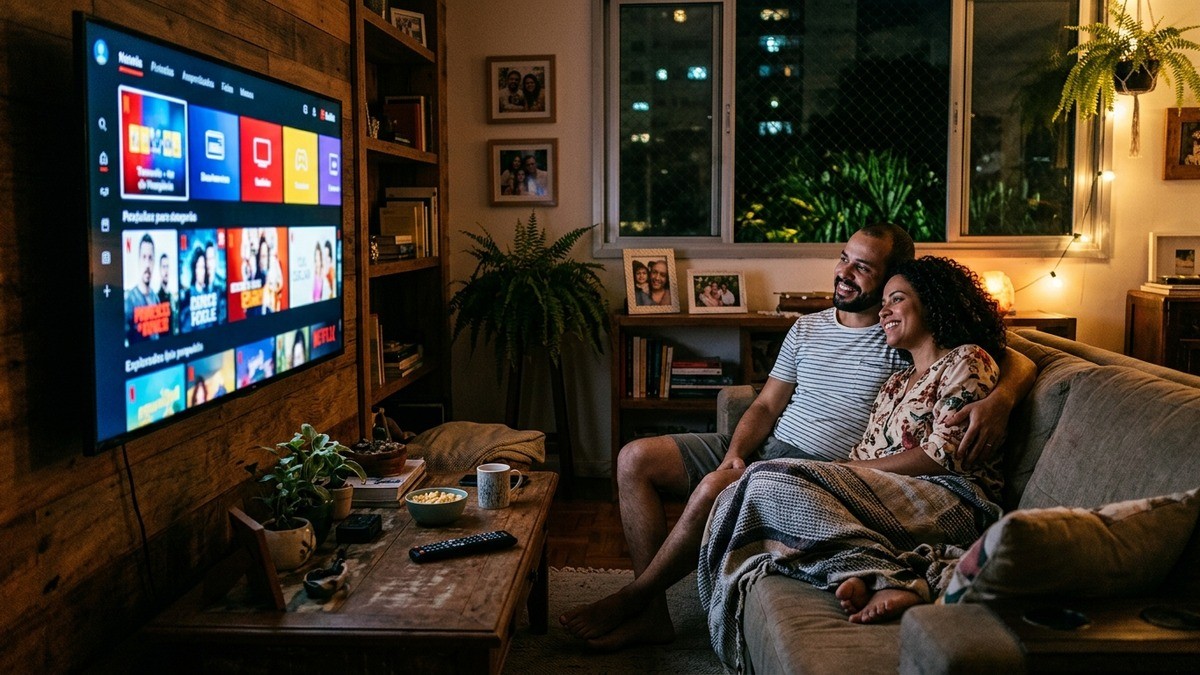 Casal abraçado no sofá assiste a aplicativo de streaming em televisão na sala de estar.