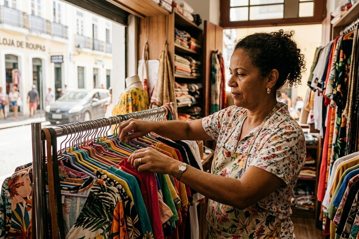 Mulher organiza cabides de roupas penduradas em arara dentro de uma loja.