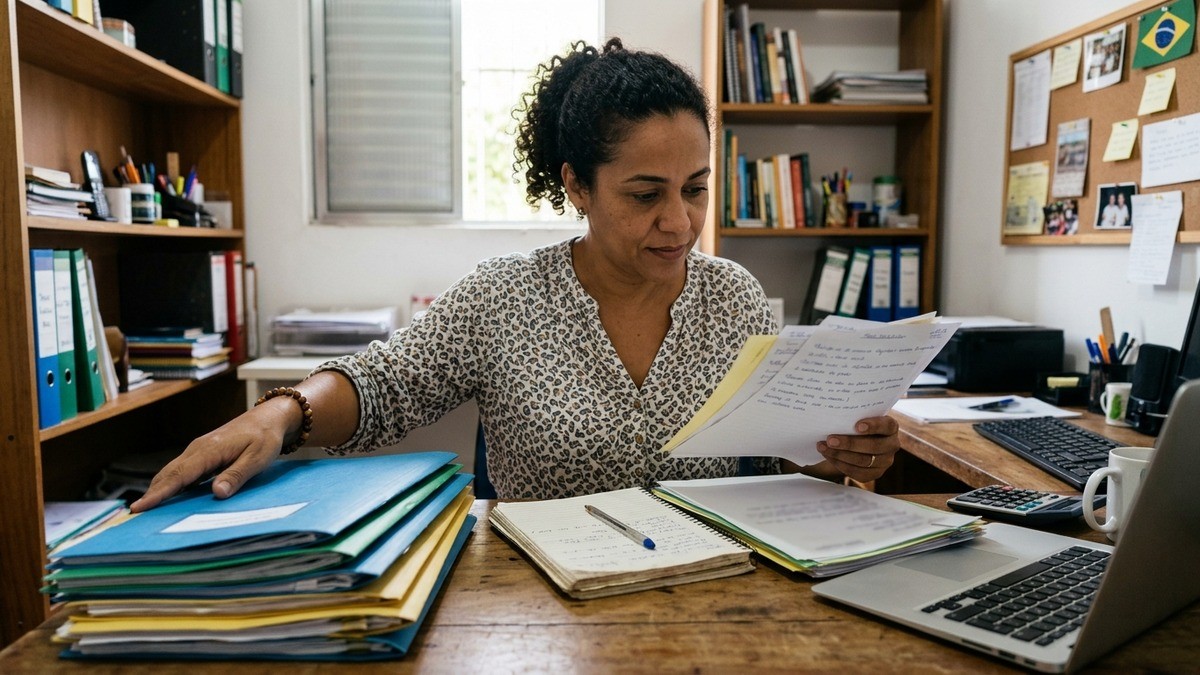 Mulher lê papéis sentada em mesa de escritório com notebook e pilhas de pastas.