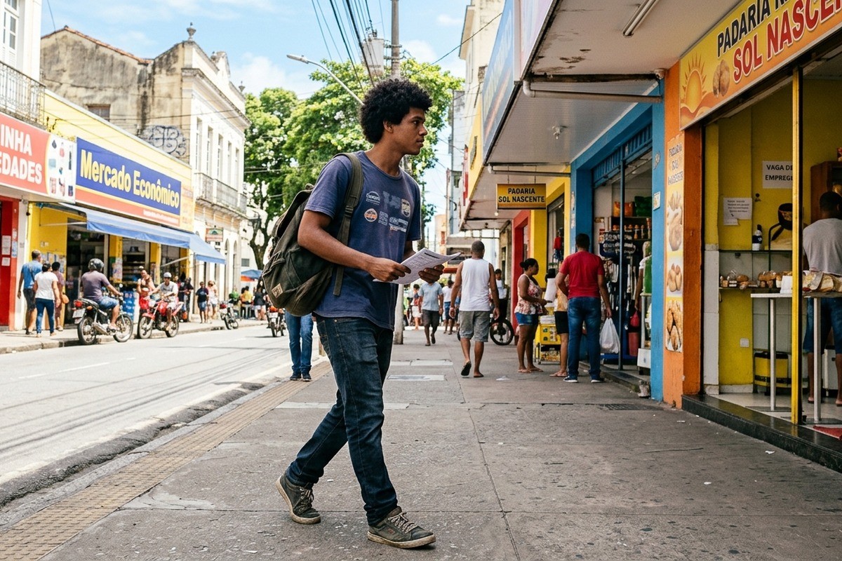Jovem com mochila e papéis na mão caminha pela calçada de uma rua comercial.