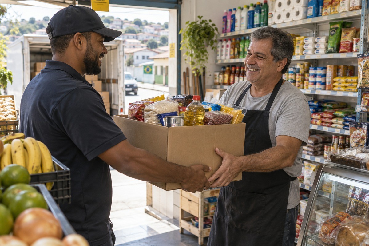 Entregador de boné entrega caixa com mantimentos para comerciante em uma mercearia.