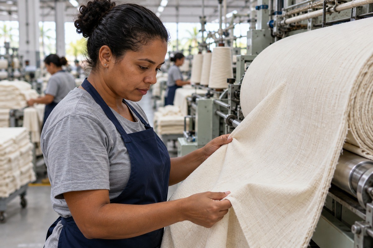 Operária inspeciona rolo de tecido claro em máquina industrial dentro de uma fábrica têxtil.