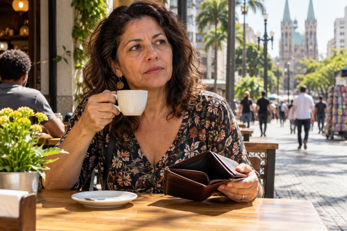Mulher segura xícara de café e carteira aberta em mesa externa no centro da cidade.