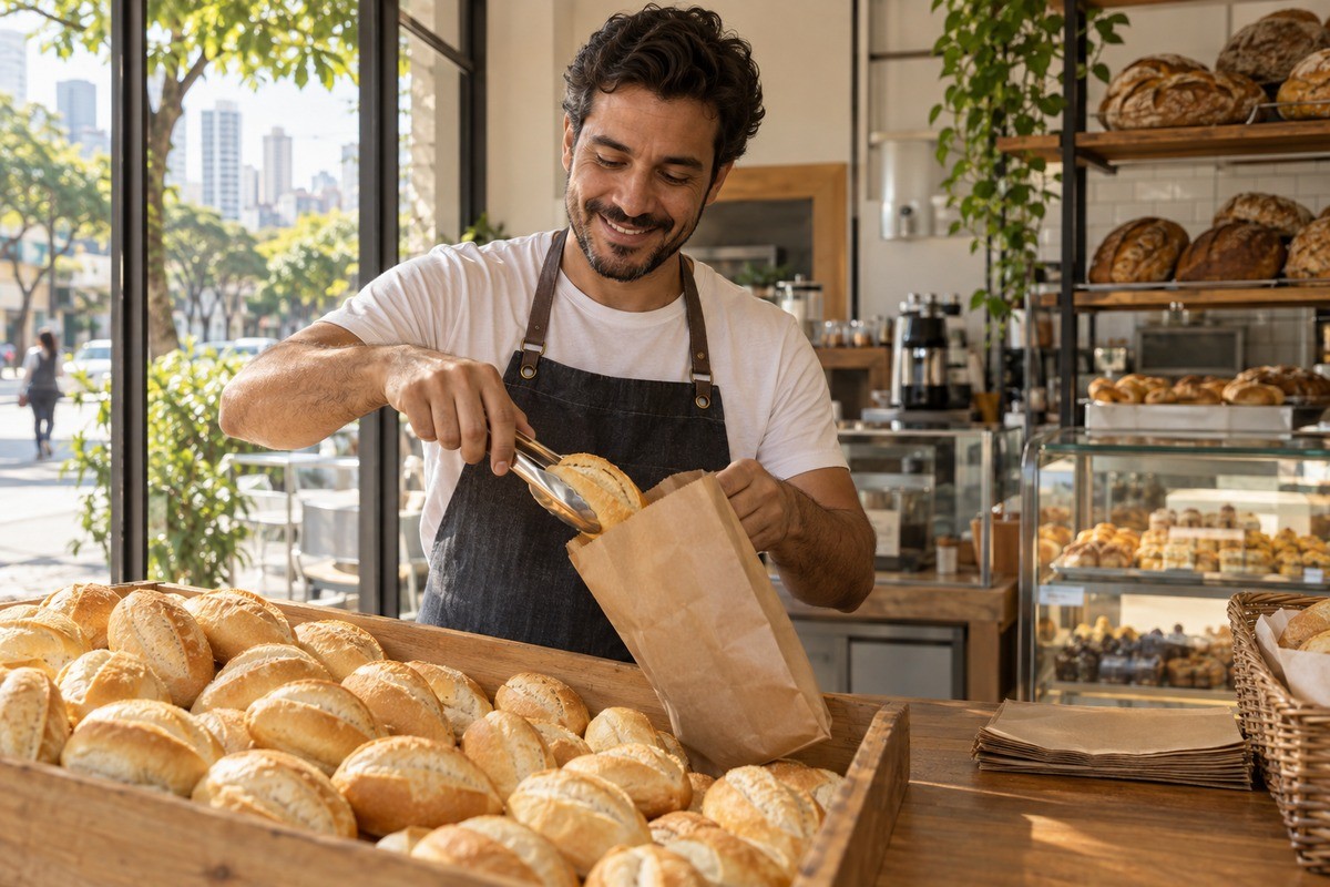 Padeiro usa pegador para colocar pão em um saco de papel no balcão da padaria.