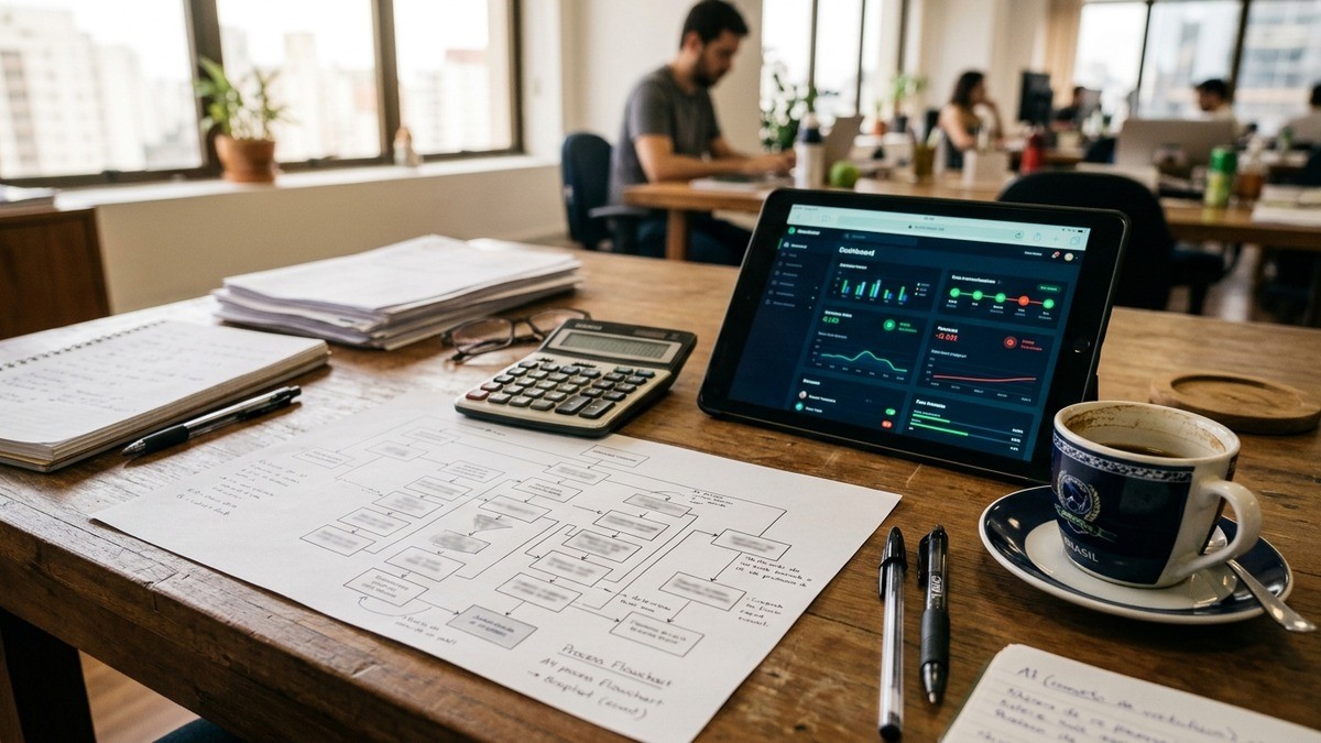 Tablet com gráficos e papéis sobre mesa de madeira em escritório com pessoas ao fundo.