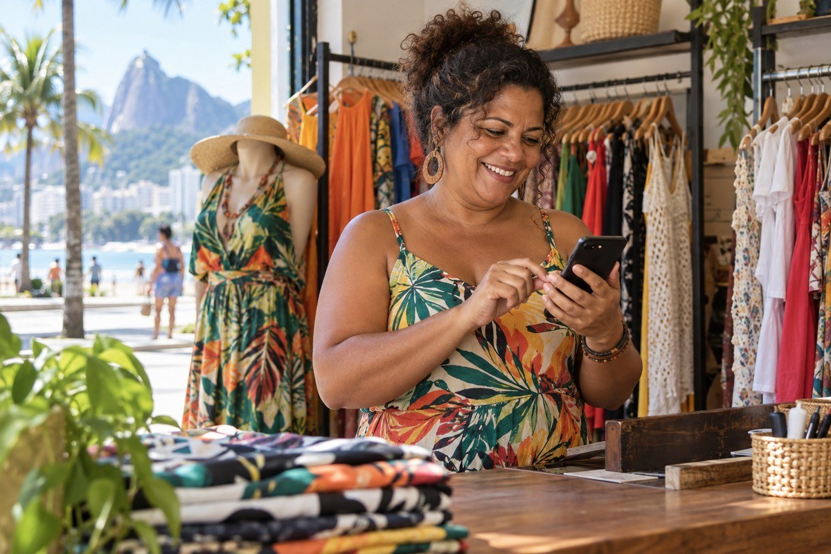 Mulher sorri ao usar o celular no balcão de uma loja de roupas.