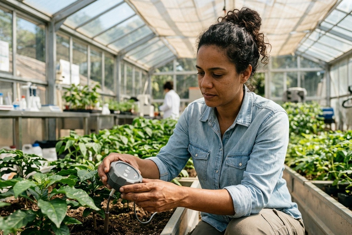 Pesquisadora manuseia um sensor no solo de um canteiro de plantas em uma estufa.