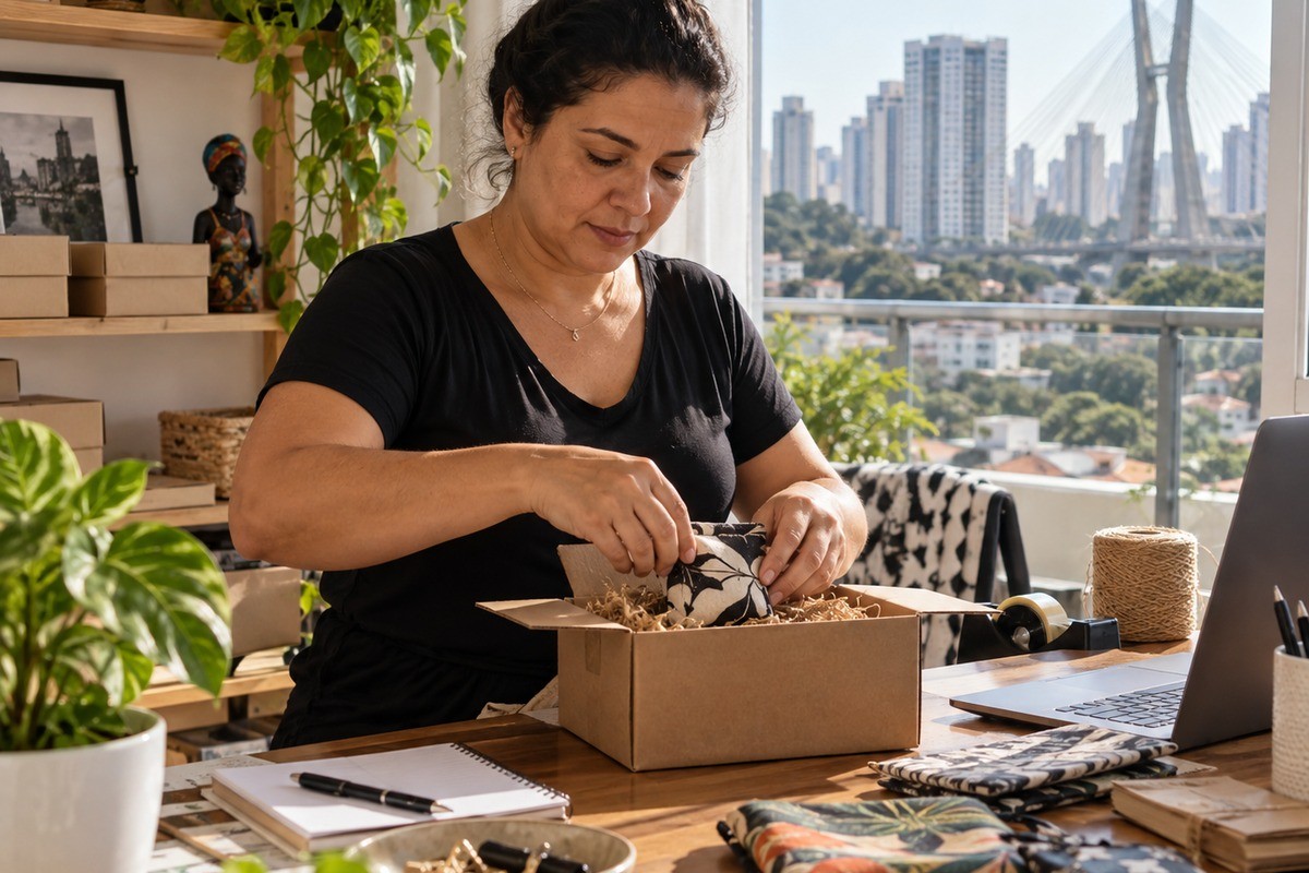 Mulher embala produto em caixa de papelão sobre mesa de trabalho diante da janela.