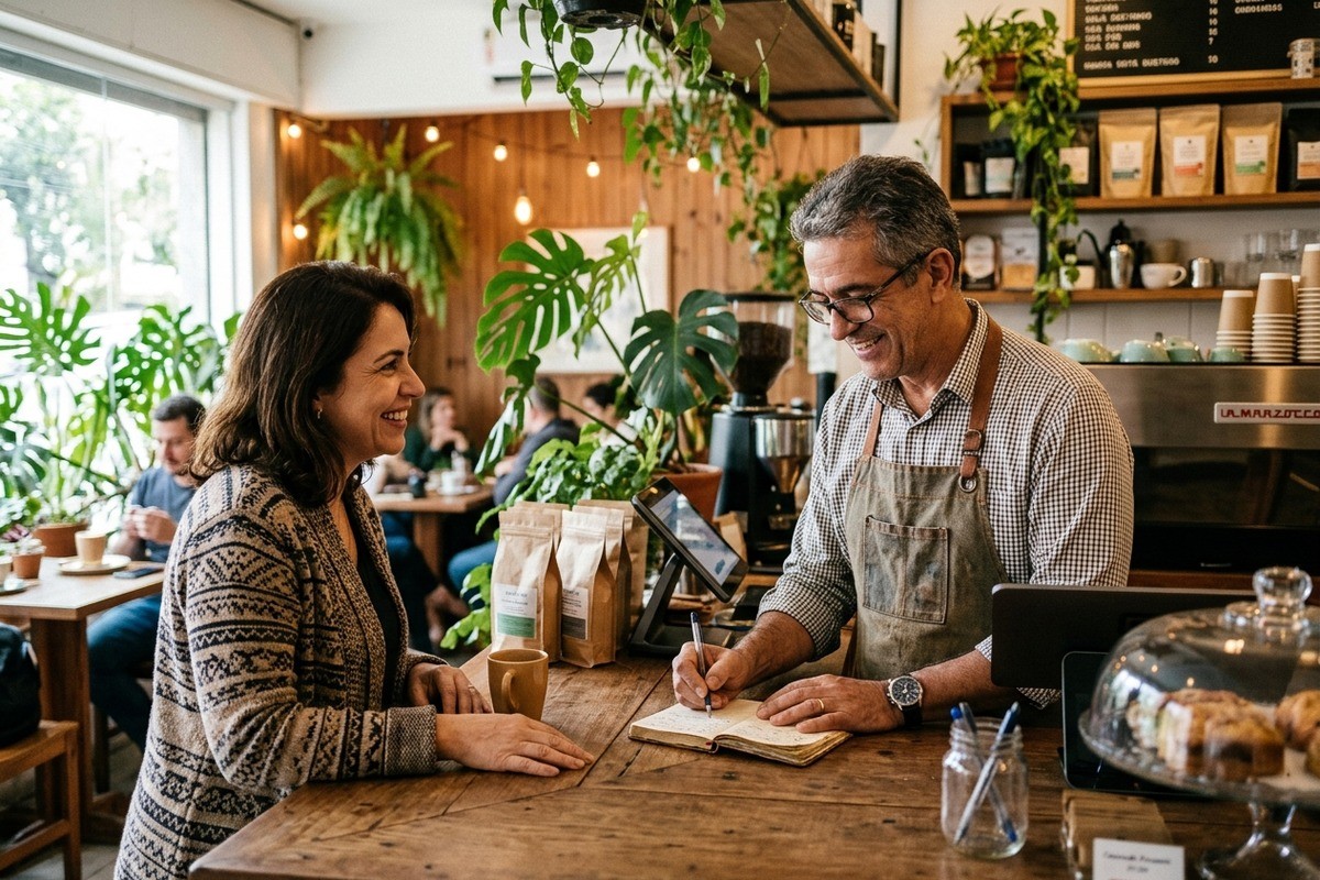 Barista de avental anota pedido em caderno enquanto conversa com cliente no balcão da cafeteria.