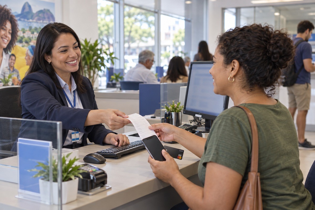 Atendente entrega comprovante de papel para cliente no balcão de atendimento bancário.