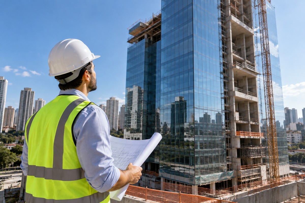 Engenheiro de capacete e colete amarelo segura planta enrolada diante de prédio em construção.