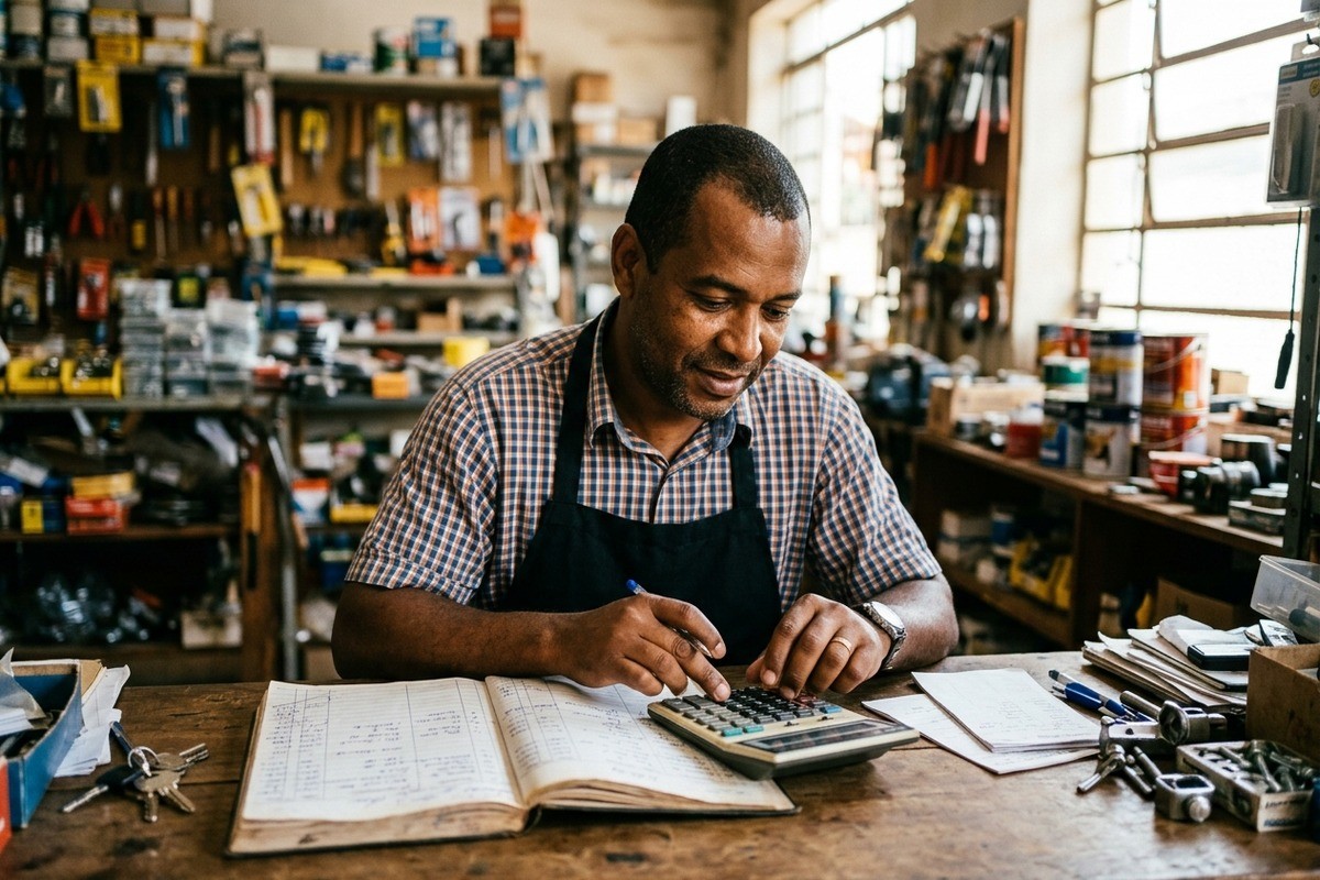 Homem negro com avental usa calculadora e livro de registros em loja de ferramentas