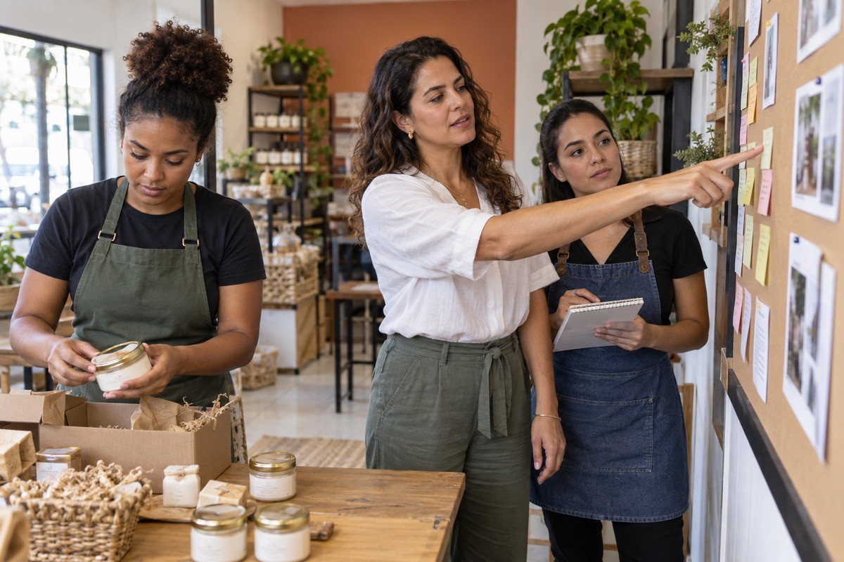 Em uma loja, mulher aponta para mural enquanto colega faz anotações e outra embala produtos.