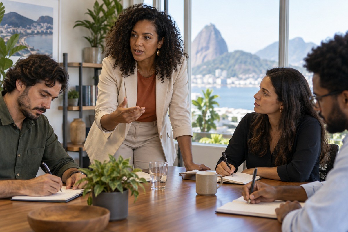 Mulher em pé gesticula para colegas anotando em mesa de reunião no Rio de Janeiro.