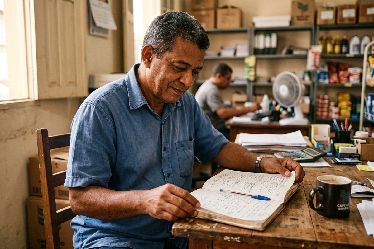 Homem de camisa azul consulta caderno de anotações em mesa de madeira no escritório.