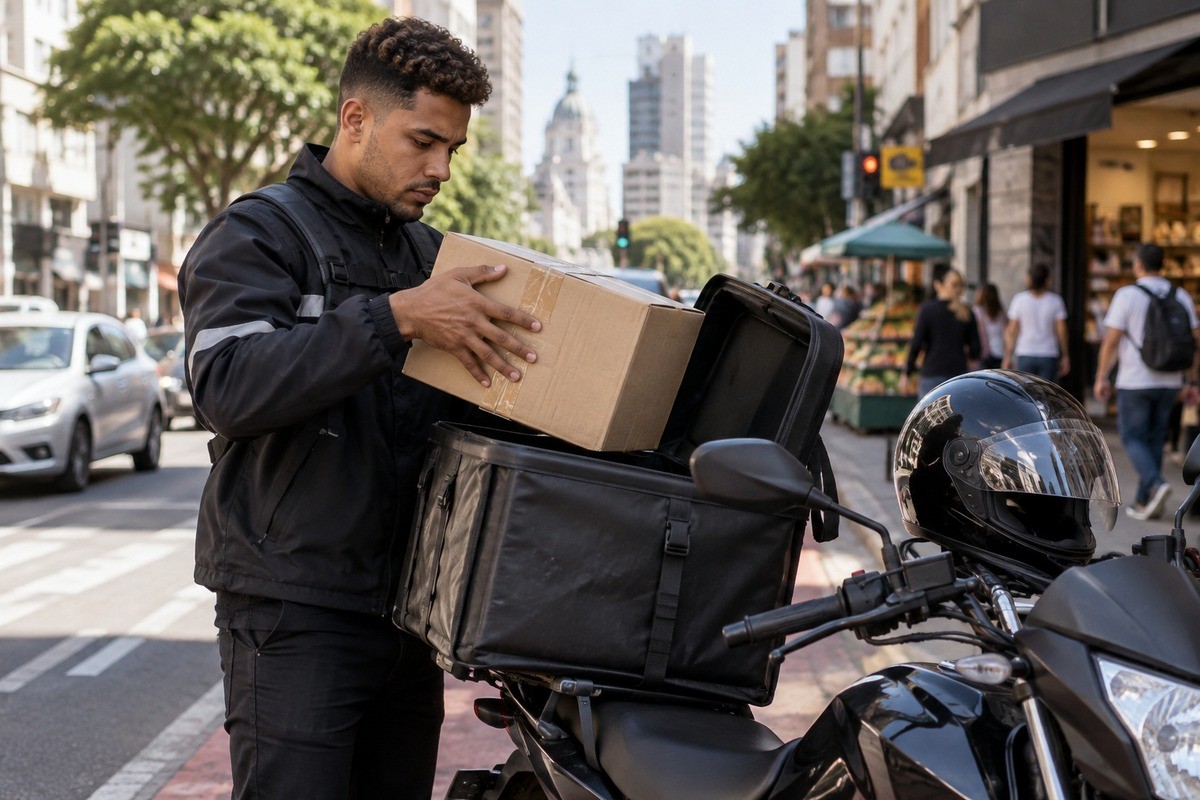 Entregador coloca caixa de papelão na mochila de entrega em uma moto na rua.