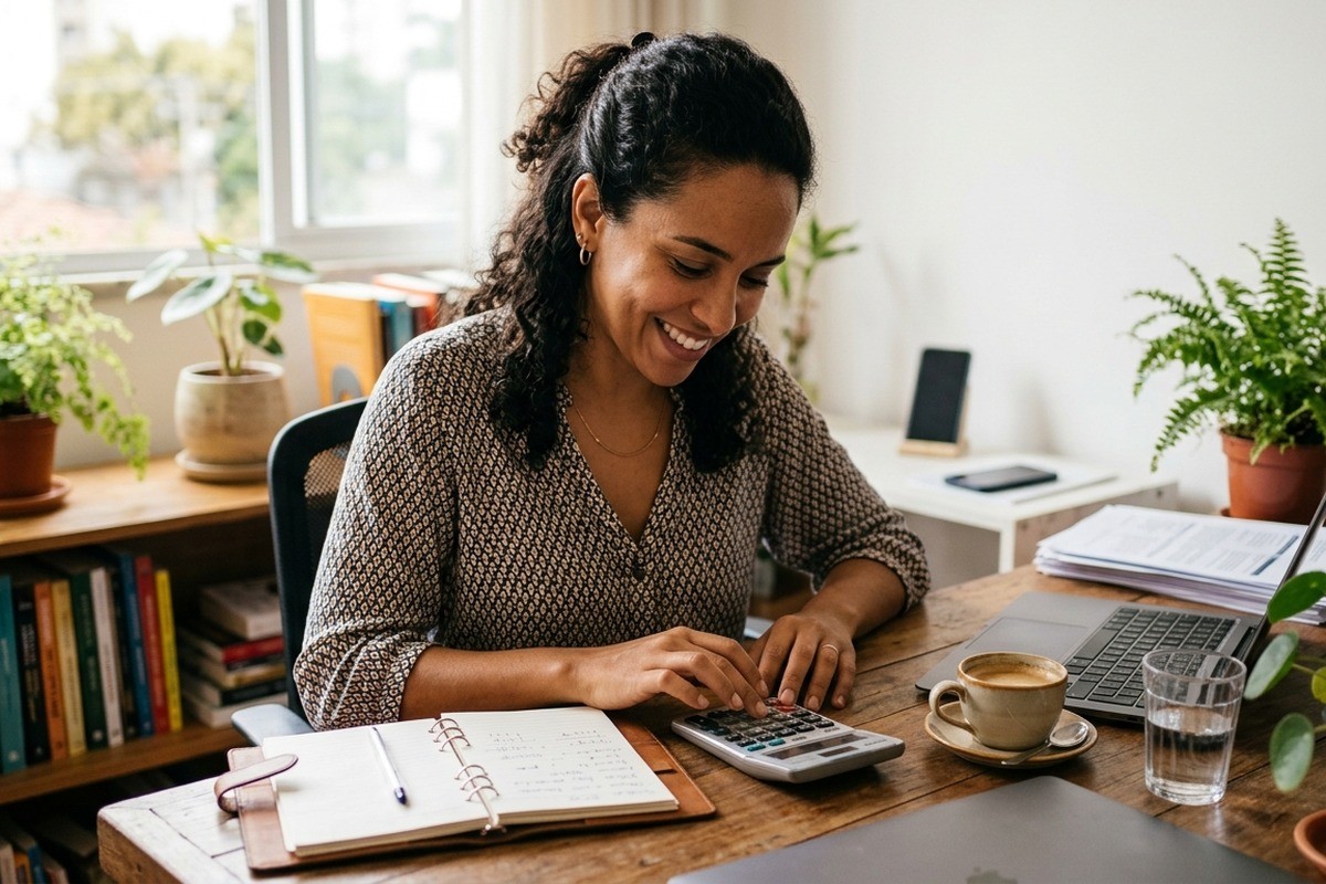 Mulher sorri enquanto usa calculadora em mesa de trabalho com notebook e agenda aberta.