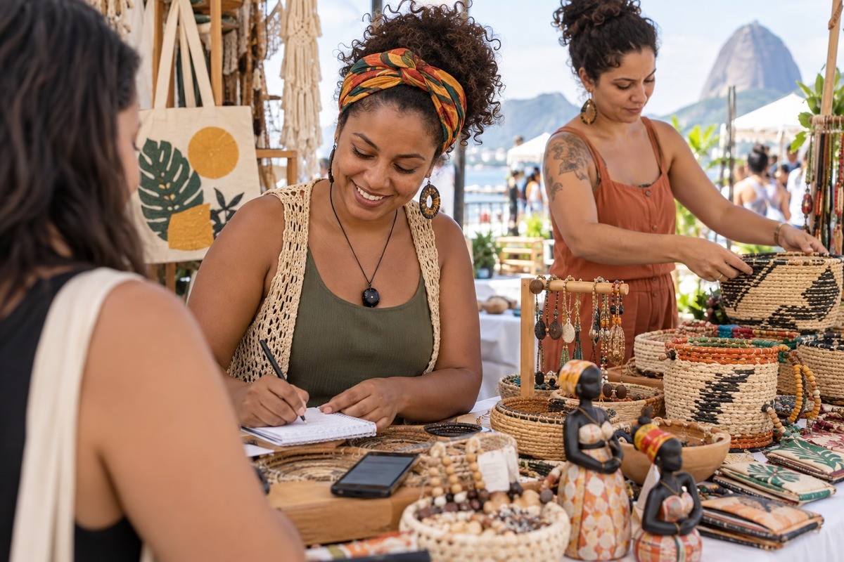 Artisã escreve em caderno enquanto atende cliente em feira de artesanato ao ar livre.