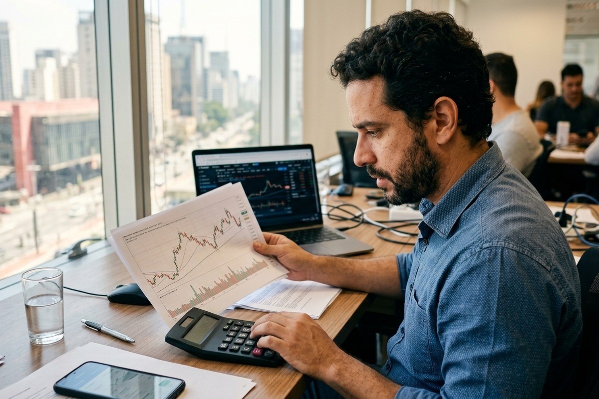 Homem em escritório segura papel com gráfico e usa calculadora ao lado de notebook.