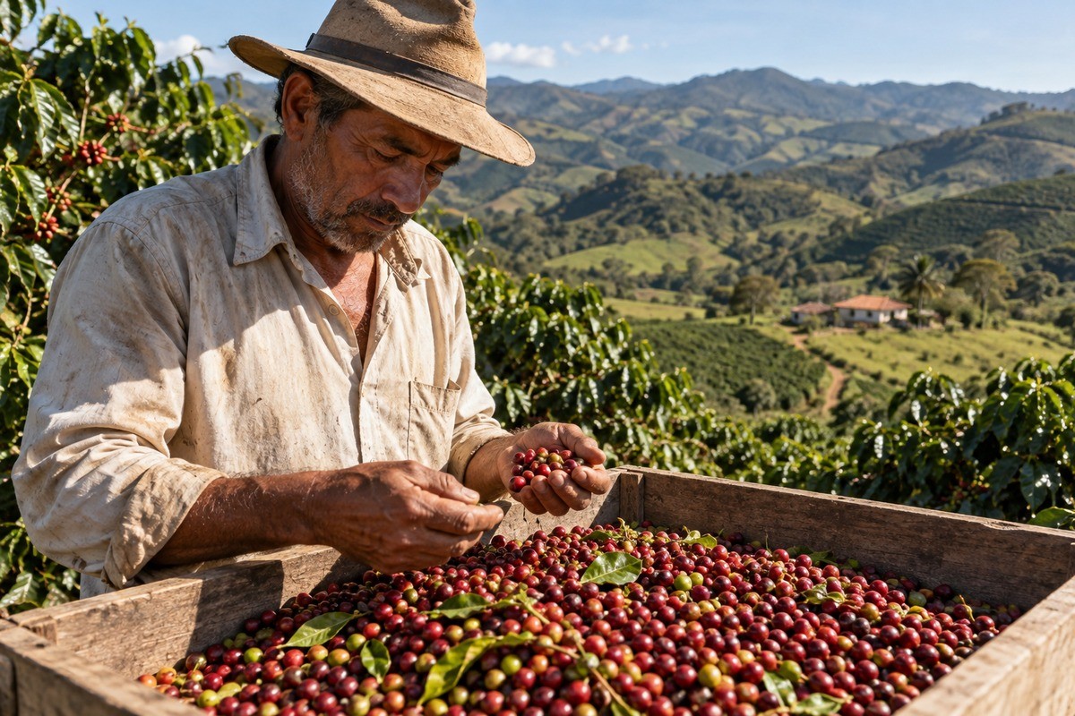 Agricultor de chapéu seleciona grãos de café maduros em caixa de madeira na plantação.