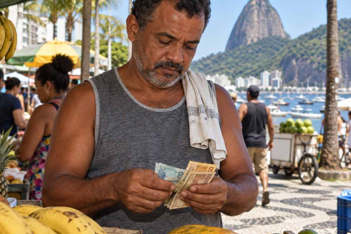 Feirante conta cédulas de dinheiro em barraca de frutas no Rio de Janeiro.