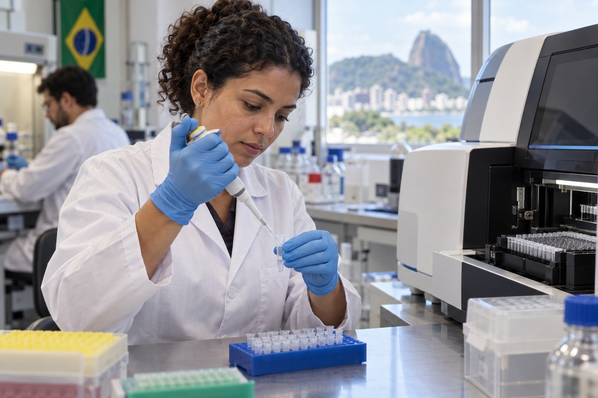 Pesquisadora de jaleco utiliza pipeta em laboratório com vista para o Pão de Açúcar.