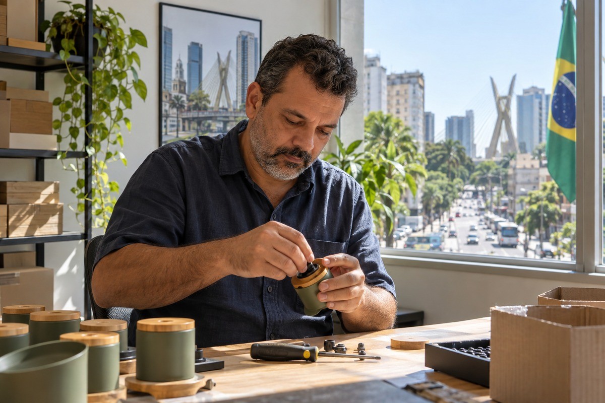 Homem monta produto verde em mesa de escritório com vista urbana ao fundo.
