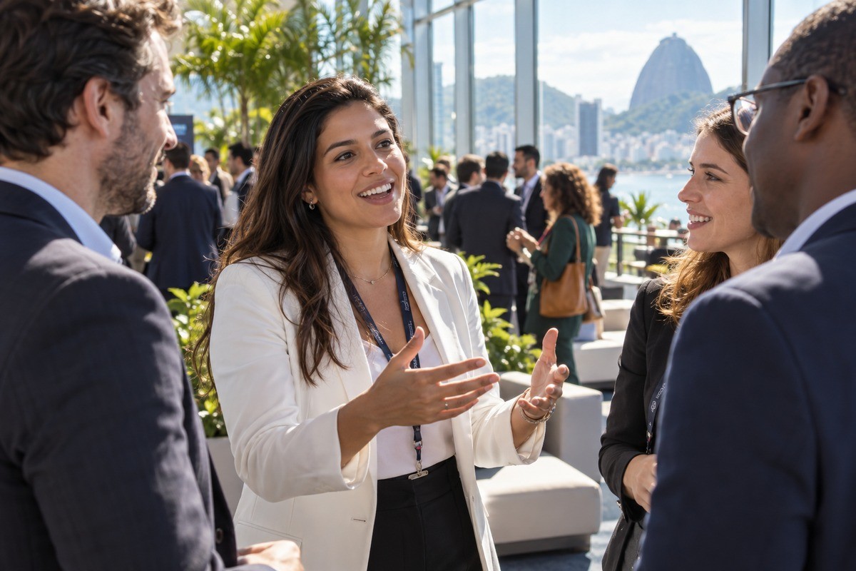 Mulher de blazer branco gesticula enquanto conversa com colegas em evento no Rio de Janeiro.