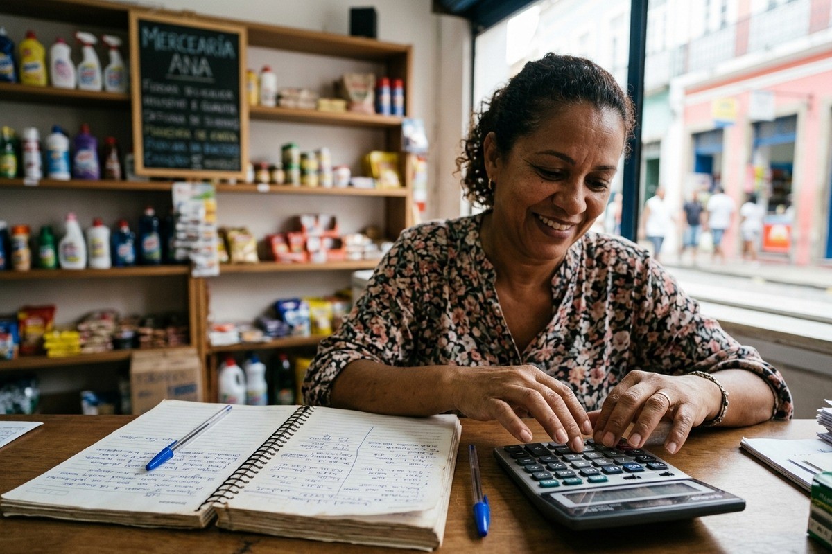 Mulher sorri enquanto usa calculadora ao lado de caderno aberto no balcão de uma mercearia.
