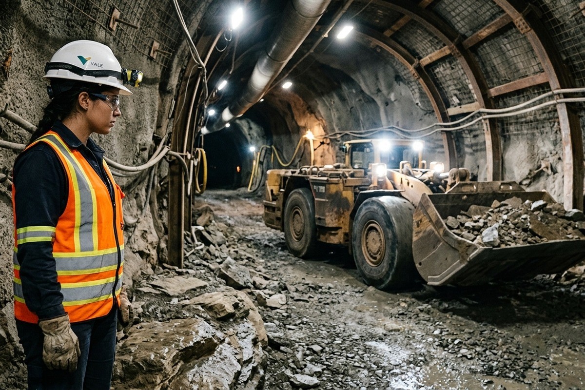 Engenheira de capacete e colete observa pá carregadeira com rochas em túnel de mina.